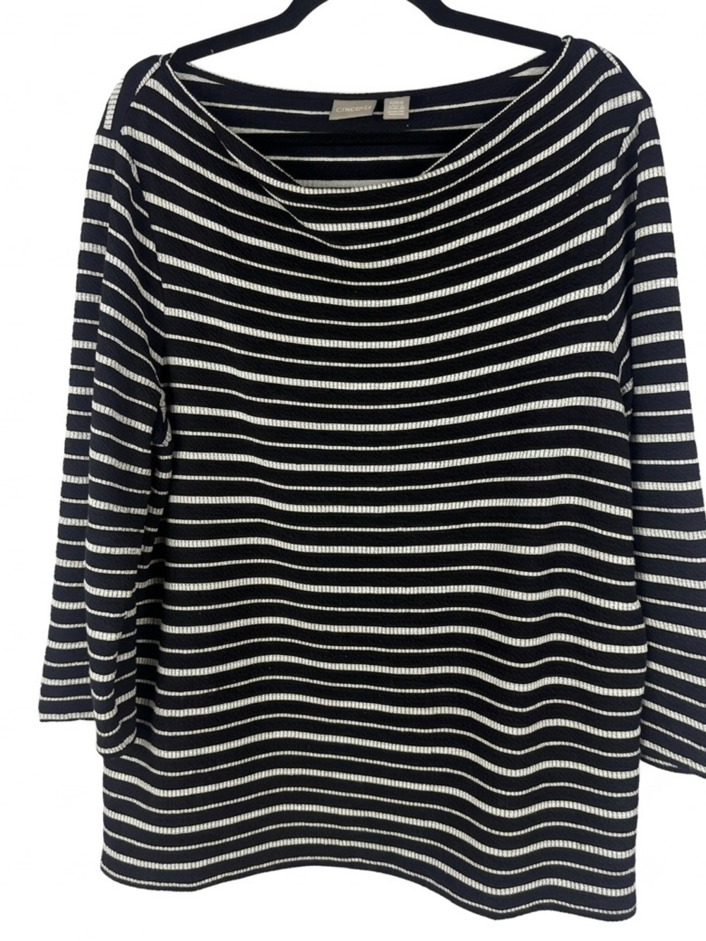 Chico's Striped Boatneck Top Size 2 Black White 3/4 Sleeve Textured Knit